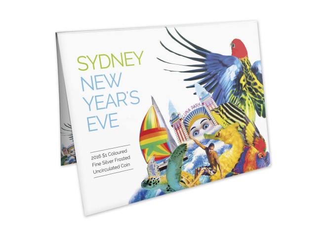 Packaging Front Of The 2016 $1 Coloured Fine Silver Frosted Uncirculated Sydney New Year's Eve 2015 - 'City Of Colour' Coin. Image: Royal Australian Mint.