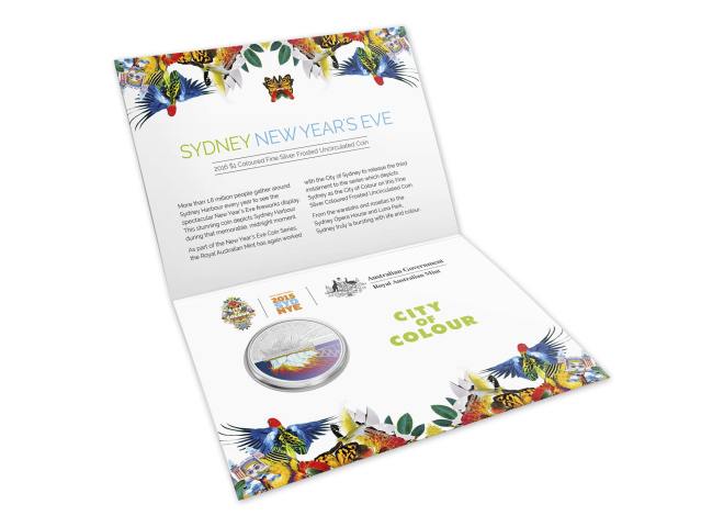 Packaging Open Of The 2016 $1 Coloured Fine Silver Frosted Uncirculated Sydney New Year's Eve 2015 - 'City Of Colour' Coin. Image: Royal Australian Mint.