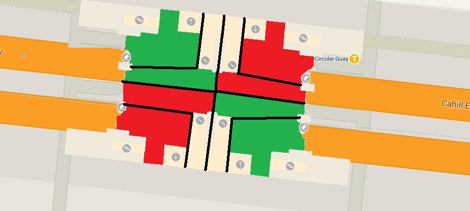 A potential access strategy for Circular Quay Railway Station. Black: Fences Green: Entrance Red: Exit Note: The larger spaces are there to allow people requiring assistance to access the lifts easier.
